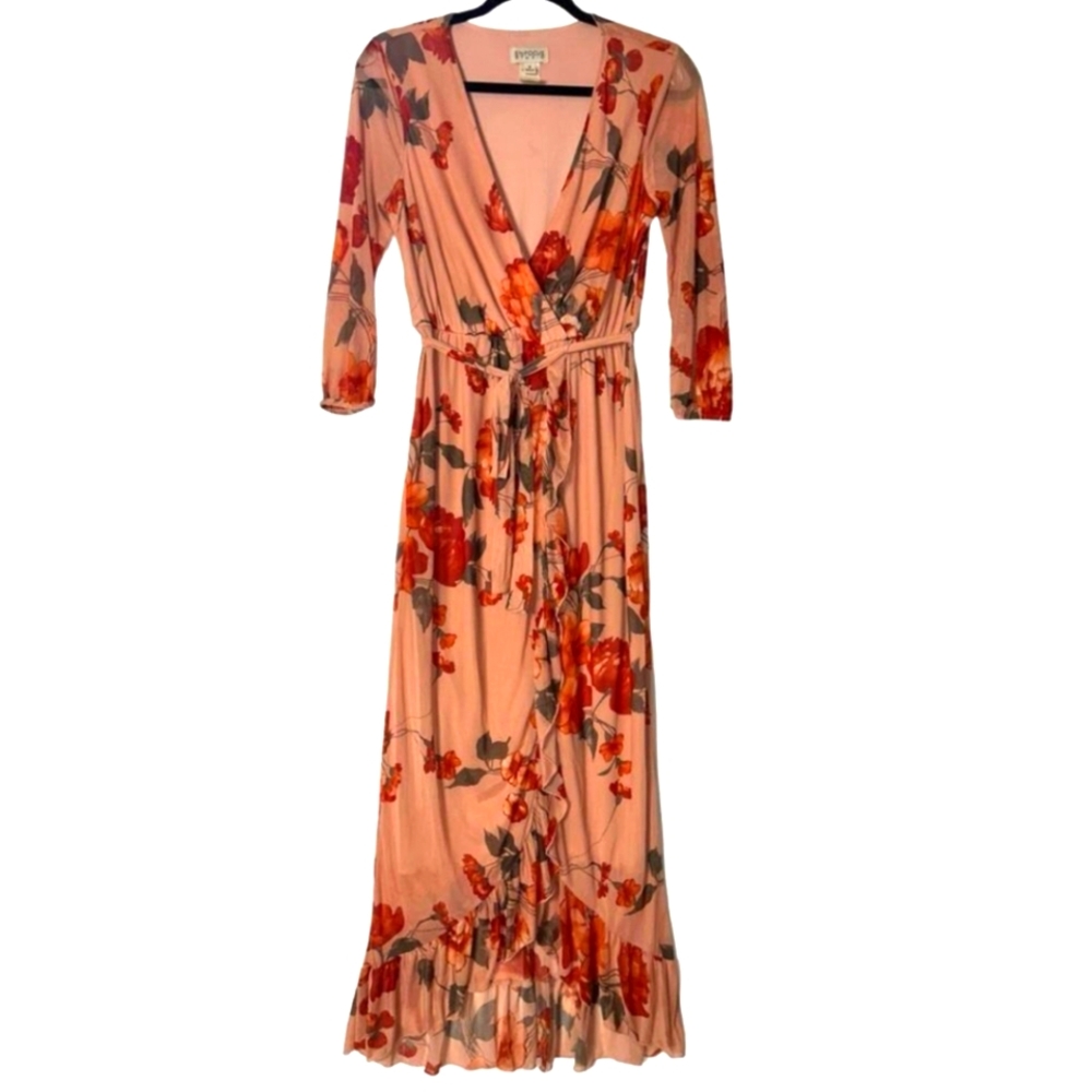 Enfocus Studio Fall Floral Chiffon Maxi Dress Tie Waist Long Sheer Sleeves Sz 6 - Picture 2 of 14
